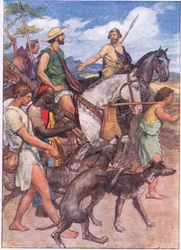Pelopida in partenza per Tebe, da Plutarch Lives pubblicato da T C & E C Jack Ltd, anni 1920